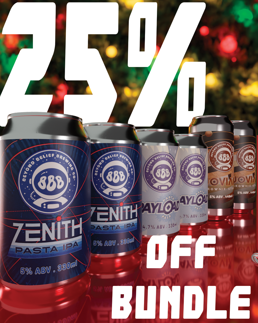 6 cans of beer - 2x Zenith Pasta IPA, 2x Payload Pasta Pale Ale, 2x Jovian Brownie Stout. Words 25% Off Bundle in the background